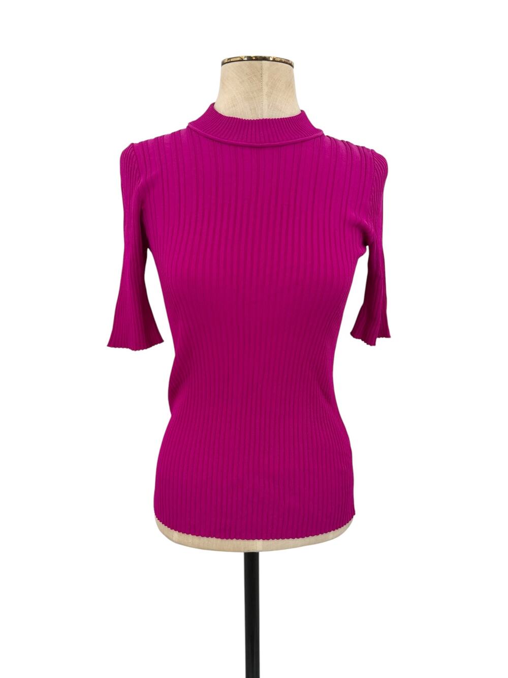 Carven Ribbed Mock Neck Short Sleeve Fitted Knit Sweater Fuchsia Pink Size XS